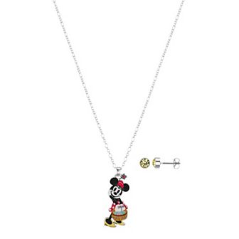 Disney's Minnie Mouse Silver Tone Crystal Easter Basket Pendant Necklace and Stud Earrings Set
