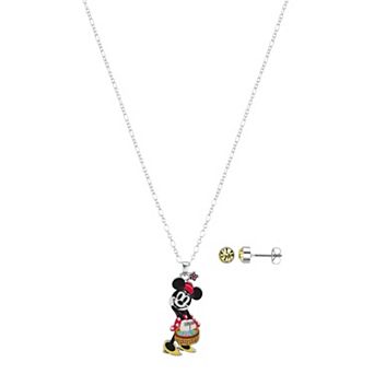 Disney's Minnie Mouse Silver Tone Crystal Easter Basket Pendant Necklace and Stud Earrings Set