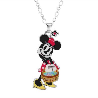 Disney's Minnie Mouse Silver Tone Crystal Easter Basket Pendant Necklace and Stud Earrings Set