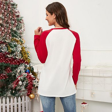 Merry Christmas Sweatshirts For Women Pattern Cute Long Sleeve Raglan Baseball Pullover Top
