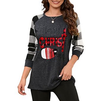 Merry Christmas Sweatshirts For Women Pattern Cute Long Sleeve Raglan Baseball Pullover Top