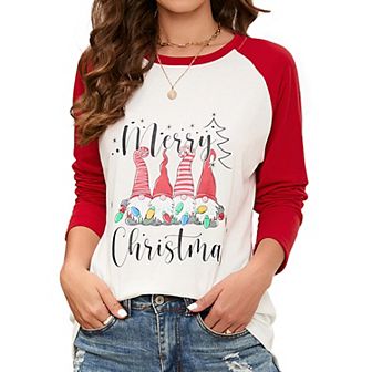 Merry Christmas Sweatshirts For Women Pattern Cute Long Sleeve Raglan Baseball Pullover Top