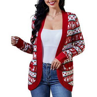 Womens Christmas Ugly Sweater Cardigan Long Sleeve Open Front Casual Lightweight Chunky Knit Jackets