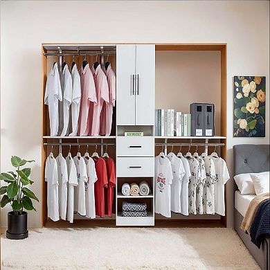 Closet Organizer System with 3 Shelf Towers, Closet System with 2 Drawers Armoire Wardrobe