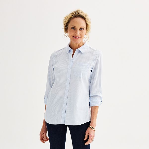 Women's Croft & Barrow® Essential One Pocket Button Down Shirt - Blue Simple Stripe (X LARGE)