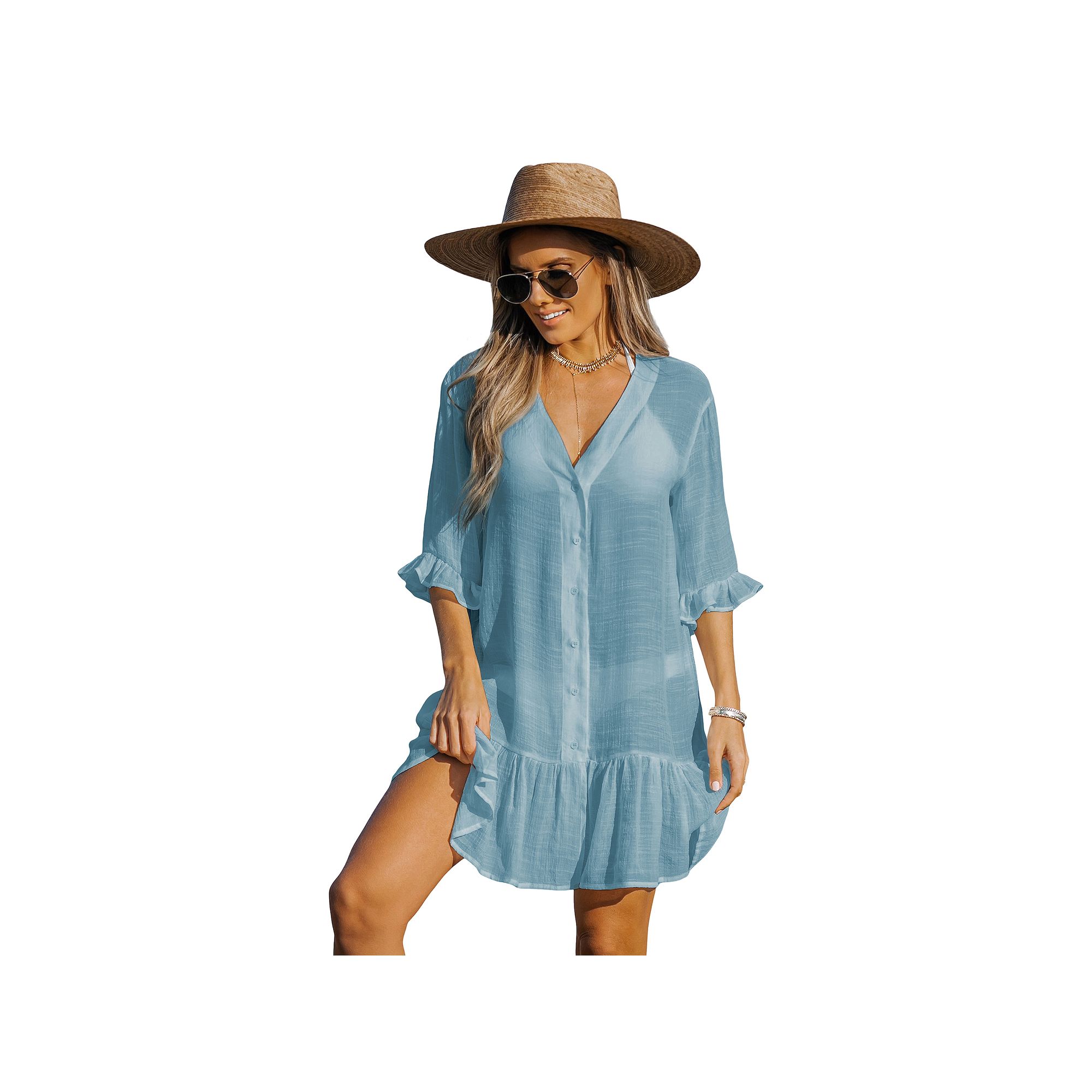 Womens Cupshe Short Sleeve Mini Length Cover-Up Dress, Size: XL, Blue