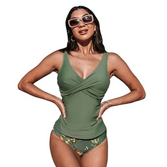 Women's Cupshe Ruched Tankini Top & Tropical Mid-Rise Bottoms Swimsuit Set