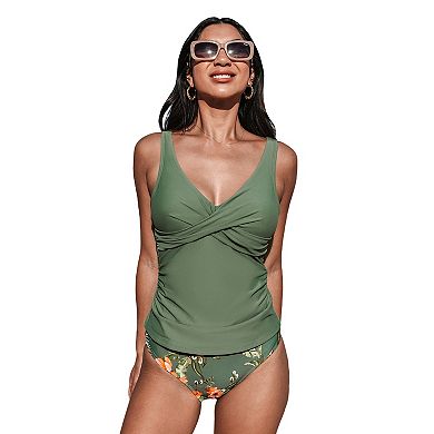 Women's Cupshe Ruched Tankini Top & Tropical Mid-Rise Bottoms Swimsuit Set