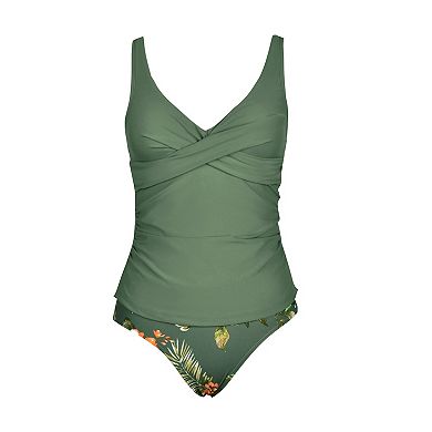 Women's Cupshe Ruched Tankini Top & Tropical Mid-Rise Bottoms Swimsuit Set