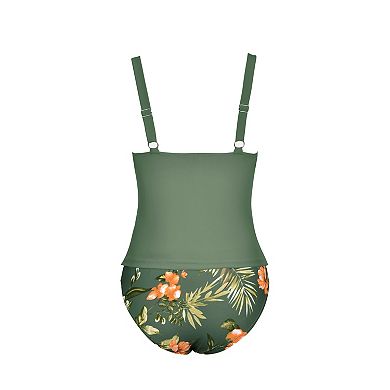 Women's Cupshe Ruched Tankini Top & Tropical Mid-Rise Bottoms Swimsuit Set