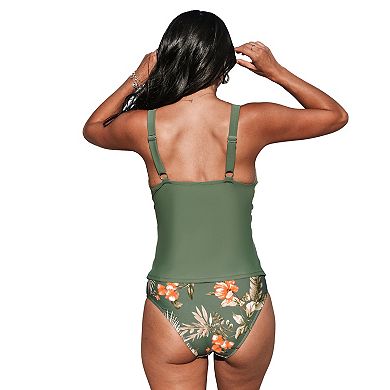 Women's Cupshe Ruched Tankini Top & Tropical Mid-Rise Bottoms Swimsuit Set