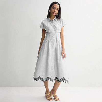 knee length dresses for ladies White 100% Cotton Button-Down Midi Shirt Dress 42