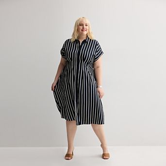 Plus Size Nine West Cinched Waist Midi Shirt Dress
