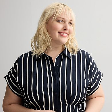 Plus Size Nine West Cinched Waist Midi Shirt Dress