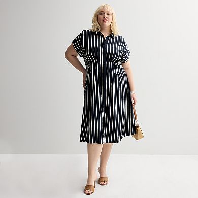Plus Size Nine West Cinched Waist Midi Shirt Dress