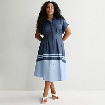 Plus Size Nine West Cinched Waist Midi Shirt Dress