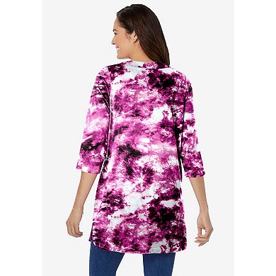 Woman Within Plus Size Three-Quarter Sleeve Notch-Neck Tunic