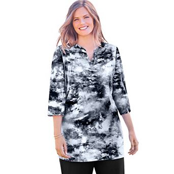 Woman Within Plus Size Three-Quarter Sleeve Notch-Neck Tunic