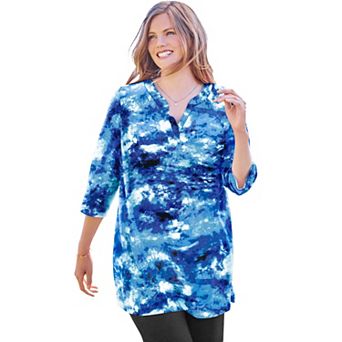Woman Within Plus Size Three-Quarter Sleeve Notch-Neck Tunic