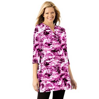 Woman Within Plus Size Three-Quarter Sleeve Notch-Neck Tunic
