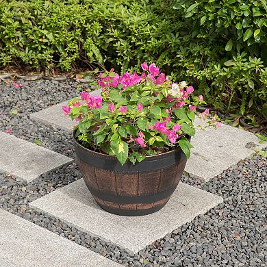 Outdoor Rustic Half Barrel Flower Garden Planter Bowl, Plastic Large