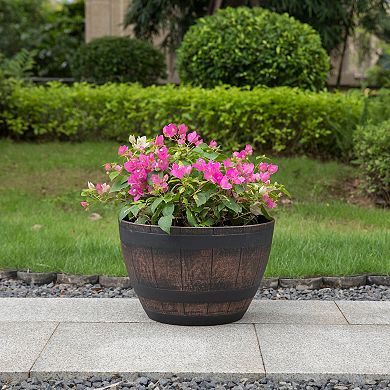 Outdoor Rustic Half Barrel Flower Garden Planter Bowl, Plastic Large