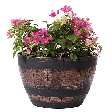 Outdoor Rustic Half Barrel Flower Garden Planter Bowl, Plastic Large