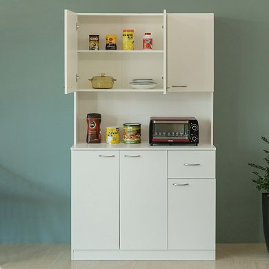 Wooden Kitchen Pantry Storage Cabinet With Drawer, Doors And Shelves