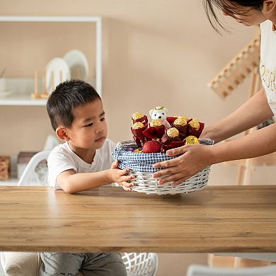 Round Willow Gift Basket with Blue and White Gingham Liner and Sturdy Foldable Handles, Set of 3