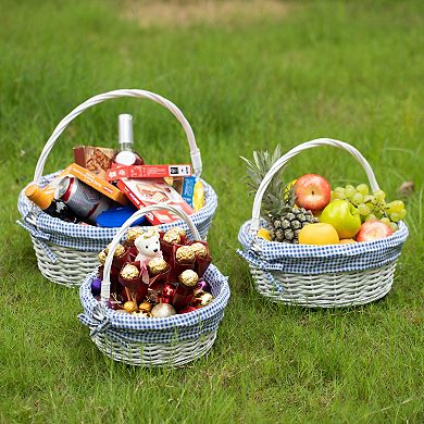 Round Willow Gift Basket with Blue and White Gingham Liner and Sturdy Foldable Handles, Set of 3