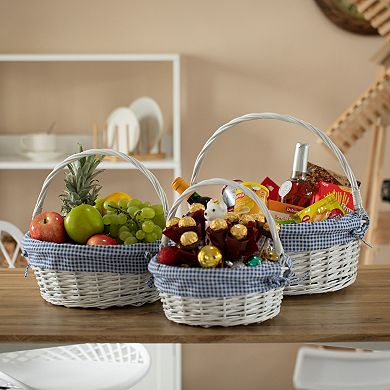 Round Willow Gift Basket with Blue and White Gingham Liner and Sturdy Foldable Handles, Set of 3
