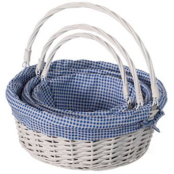 Round Willow Gift Basket with Blue and White Gingham Liner and Sturdy Foldable Handles, Set of 3
