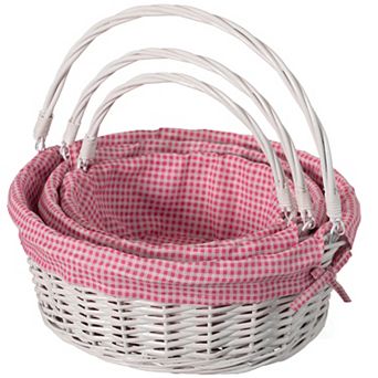 Round Willow Gift Basket with Blue and White Gingham Liner and Sturdy Foldable Handles, Set of 3