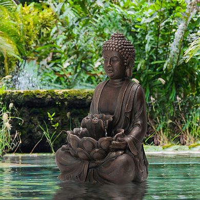 Glitzhome 28.25''H Zen Style Meditating Resin Buddha Fountain With Pump And Led Light