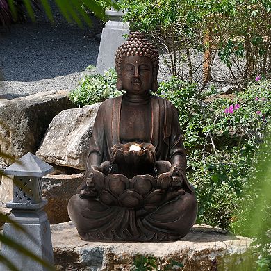 Glitzhome 28.25''H Zen Style Meditating Resin Buddha Fountain With Pump And Led Light
