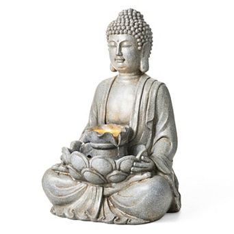 Glitzhome 28.25''H Zen Style Meditating Resin Buddha Fountain With Pump And Led Light