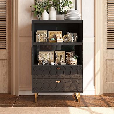 Mondawe 28" Wood Display Bookshelf Storage Organizer Bookcase Storage Cabinet With 2 Drawers