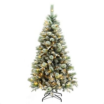 LuxenHome 6Ft Pre-Lit Artificial Snow-Flocked Christmas Tree, Color Changing, 3 Brightness Levels