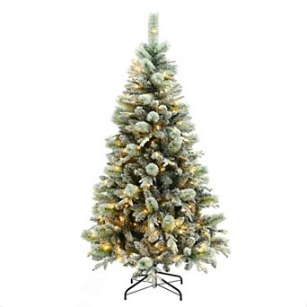LuxenHome 6Ft Pre-Lit Artificial Snow-Flocked Christmas Tree, Color Changing, 3 Brightness Levels