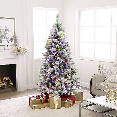 LuxenHome 6Ft Pre-Lit Artificial Snow-Flocked Christmas Tree, Color Changing, 3 Brightness Levels