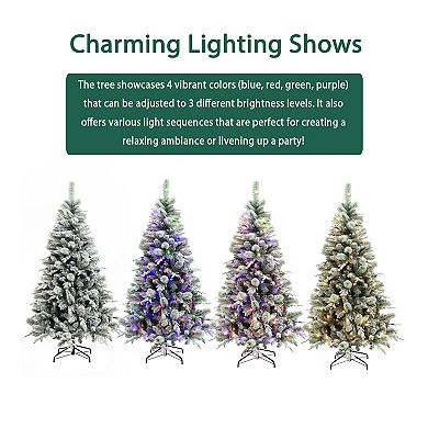 LuxenHome 6Ft Pre-Lit Artificial Snow-Flocked Christmas Tree, Color Changing, 3 Brightness Levels