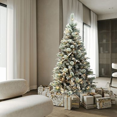 LuxenHome 6Ft Pre-Lit Artificial Snow-Flocked Christmas Tree, Color Changing, 3 Brightness Levels
