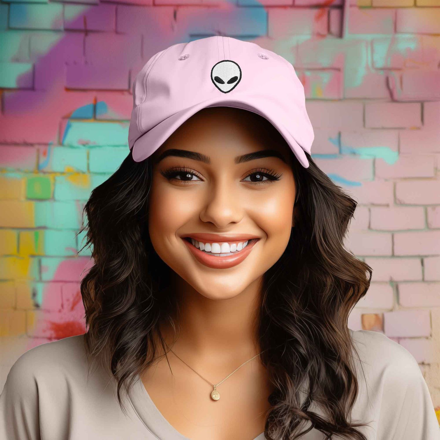 thumbnail image 2 of Alien Peace Sign Dad Hat – Embroidered Cotton Baseball Cap – Adjustable – Made In USA 2 of 3