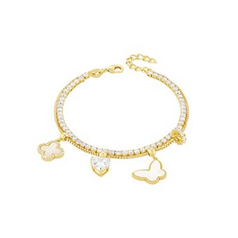 Brilliance 18k Gold Flash Plated Mother-of-Pearl Cubic Zirconia Butterfly, Heart & Clover Charm Double Row Bracelet