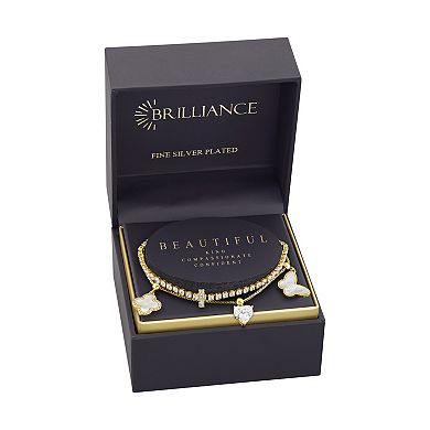 Brilliance 18k Gold Flash Plated Mother-of-Pearl Cubic Zirconia Butterfly, Heart & Clover Charm Double Row Bracelet