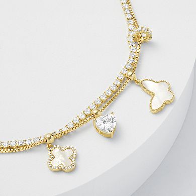 Brilliance 18k Gold Flash Plated Mother-of-Pearl Cubic Zirconia Butterfly, Heart & Clover Charm Double Row Bracelet