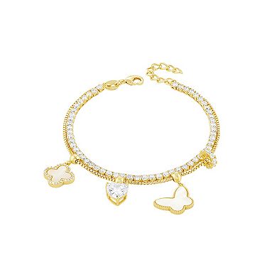 Brilliance 18k Gold Flash Plated Mother-of-Pearl Cubic Zirconia Butterfly, Heart & Clover Charm Double Row Bracelet