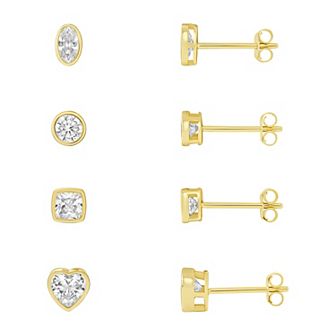 Women's PRIMROSE Sterling Silver Bezel Cubic Zirconia Multi-Shape Stud Earrings Quad Set