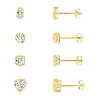 Women's PRIMROSE Sterling Silver Bezel Cubic Zirconia Multi-Shape Stud Earrings Quad Set