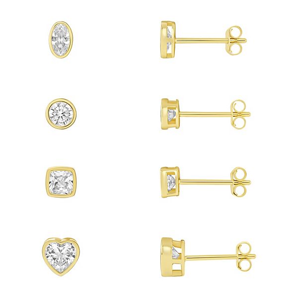 Women's PRIMROSE Sterling Silver Bezel Cubic Zirconia Multi-Shape Stud Earrings Quad Set - Gold Tone
